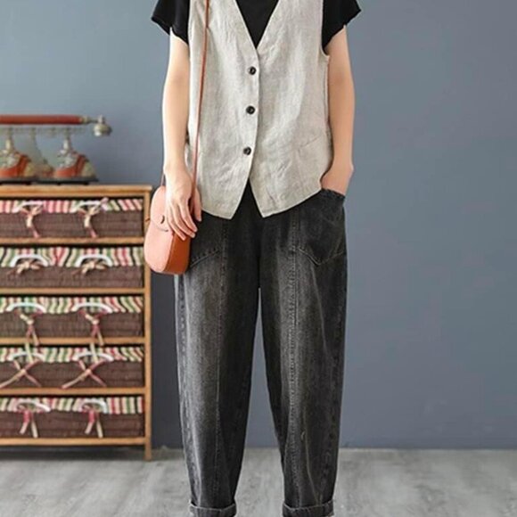 Womens Cotton Linen Vest Casual Sleeveless Blazer Cardigans Lightweight Jacket W - Picture 4 of 5